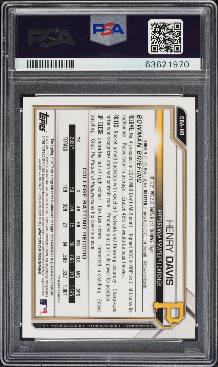 2021 Bowman Chrome Purple Refractor Henry Davis PROSPECT AUTO /250 #CDA-HD PSA 10 GEM MINT