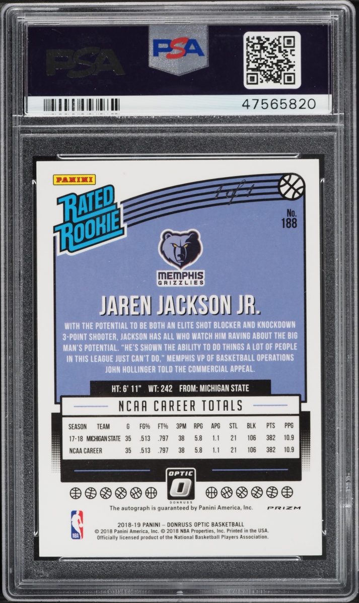 2018 Donruss Optic Black Jaren Jackson Jr. ROOKIE AUTO 1/1 #188 PSA 9 MINT