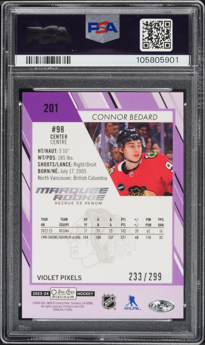 2023 O-Pee-Chee Platinum Violet Pixels Connor Bedard ROOKIE /299 #201 PSA 10 GEM MINT