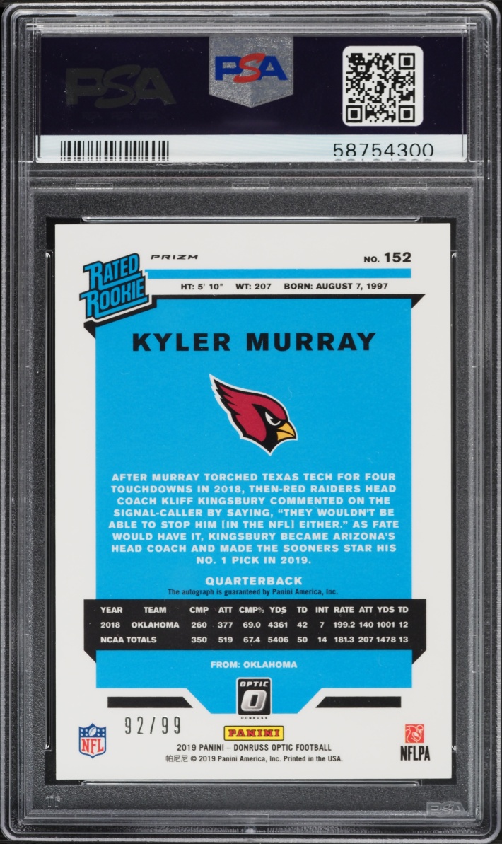 2019 Donruss Optic Holo Prizm Kyler Murray ROOKIE AUTO /99 #152 PSA 9 MINT