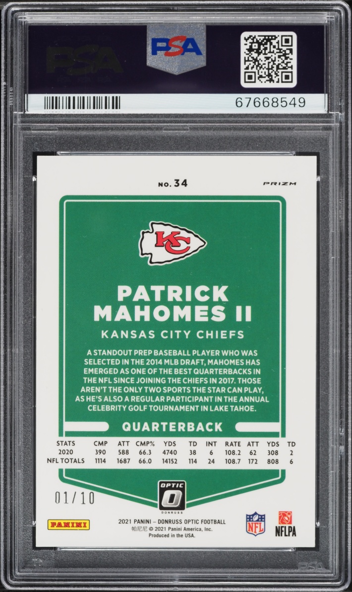2021 Donruss Optic Gold Patrick Mahomes II 1/10 #34 PSA 9 MINT