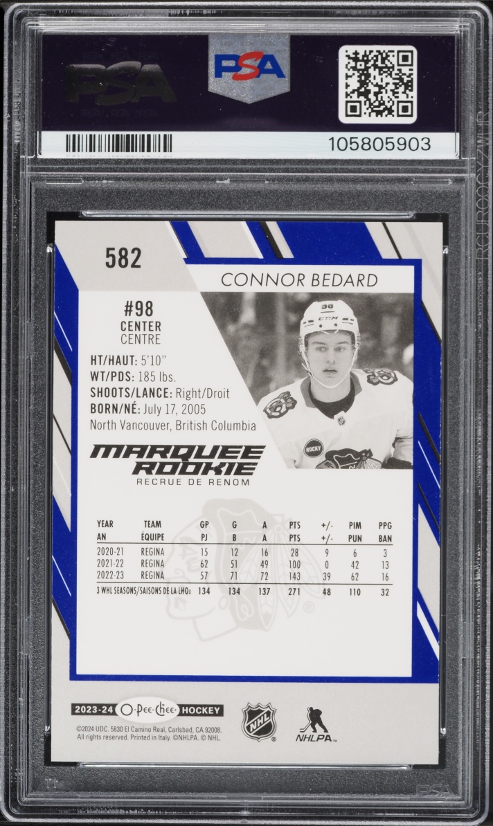 2023 O-Pee-Chee Blue Border Connor Bedard ROOKIE #582 PSA 10 GEM MINT
