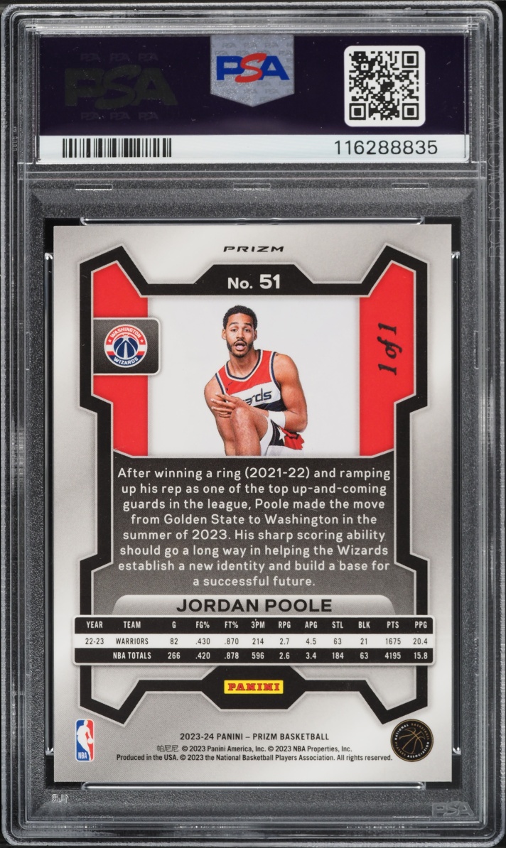 2023 Panini Prizm Nebula Choice Jordan Poole 1/1 #51 PSA 9 MINT
