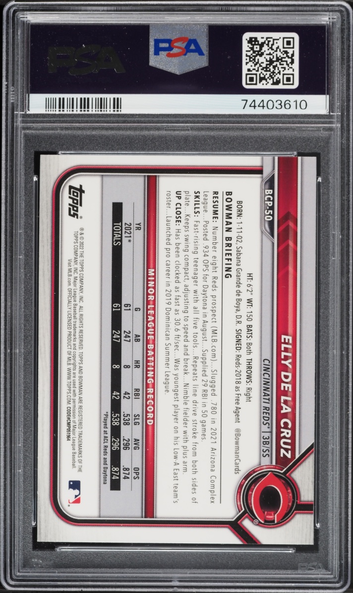 2022 Bowman Chrome Sapphire Elly De La Cruz PROSPECT #BCP-50 PSA 10 GEM MINT