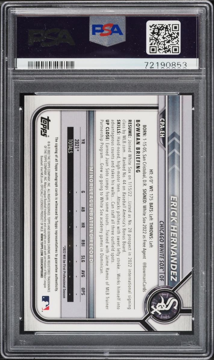 2022 Bowman Chrome Gold Refractor Erick Hernandez PROSPECT AUTO /50 #CPA-EH PSA 10 GEM MINT