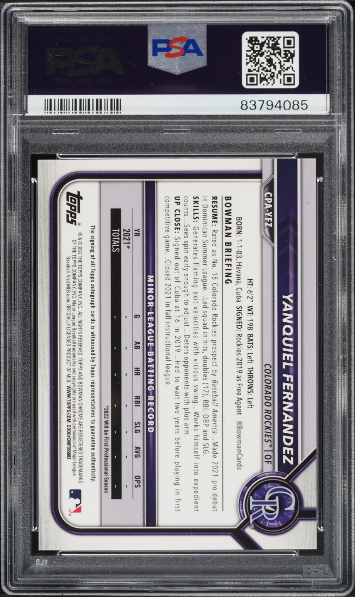 2022 Bowman Chrome Green Atomic Refractor Yanquiel Fernandez PROSPECT AUTO /99 #CPA-YFZ PSA 9