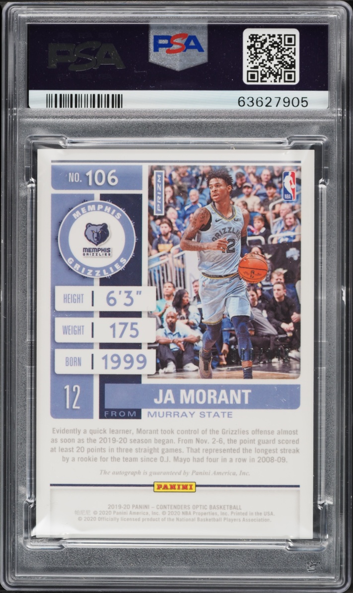 2019 Panini Contenders Optic Red Ja Morant ROOKIE AUTO /149 #106 PSA 9 MINT