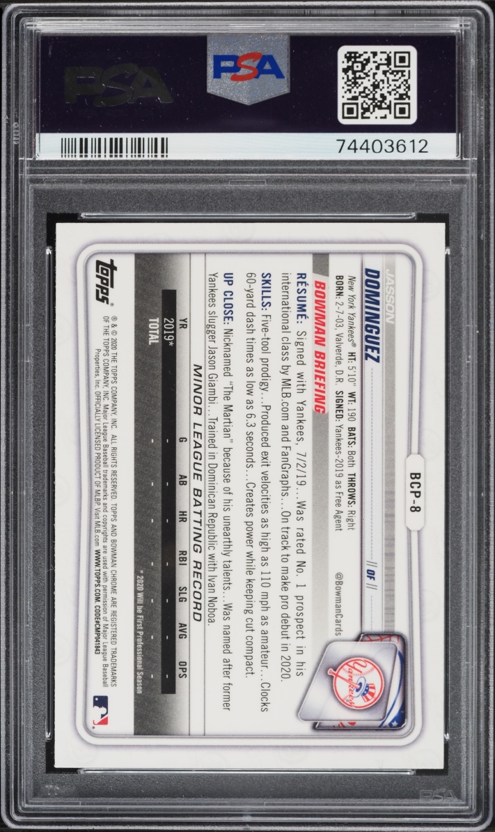 2020 Bowman Chrome Sapphire Edition Jasson Dominguez PROSPECT #BCP-8 PSA 10 GEM MINT