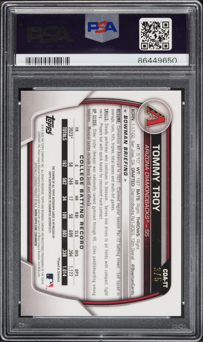 2023 Bowman Chrome Draft Sapphire Red Tommy Troy PROSPECT AUTO /5 #CDA-TT PSA 9 MINT