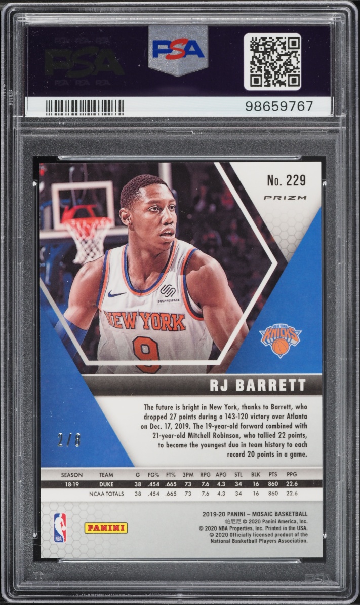 2019 Panini Mosaic Black Gold Choice RJ Barrett ROOKIE /8 #229 PSA 9 MINT