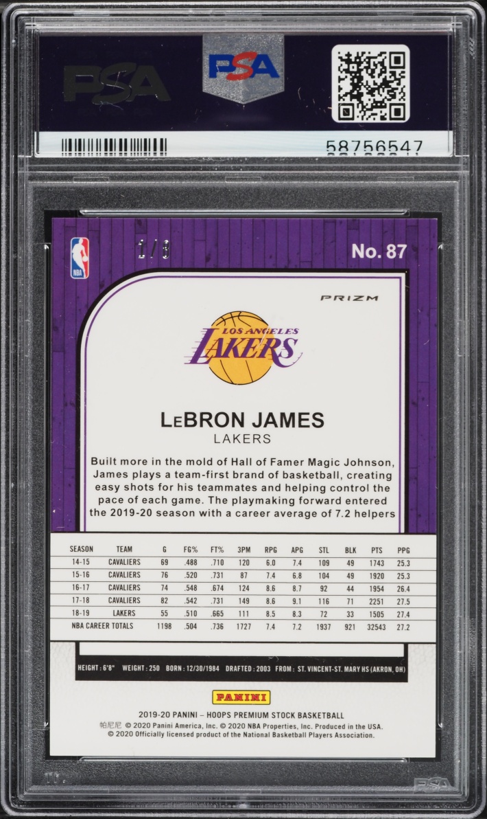 2019 Hoops Premium Stock Gold Shimmer LeBron James 1/8 #87 PSA 10 GEM MINT