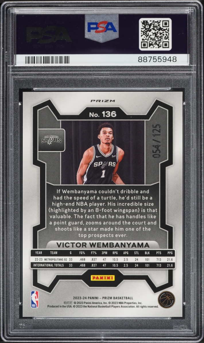 2023 Panini Prizm Blue Ice Victor Wembanyama ROOKIE /125 #136 PSA 10 GEM MINT