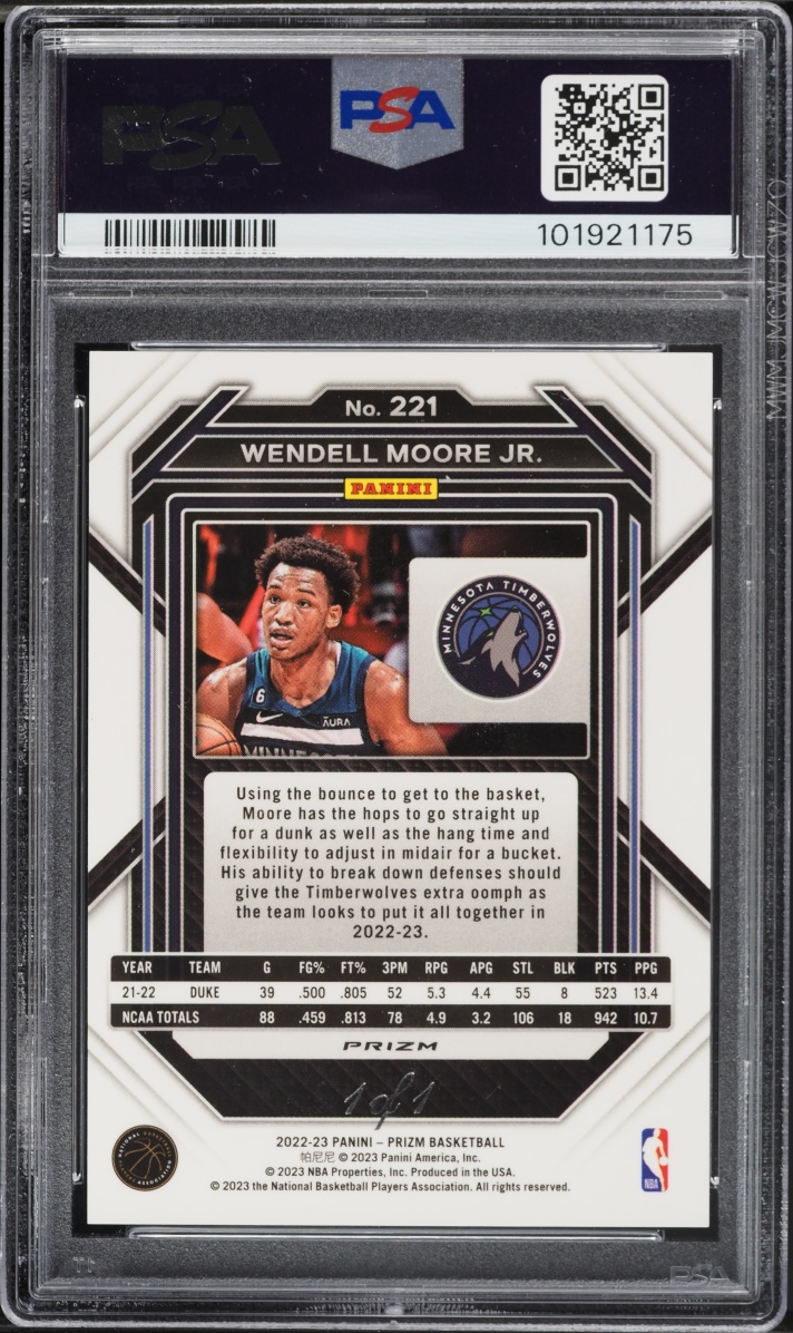 2022 Panini Prizm Nebula Choice Wendell Moore Jr. ROOKIE 1/1 #221 PSA 9 MINT