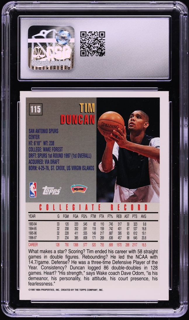 1997 Topps Basketball Tim Duncan ROOKIE #115 CSG 9 MINT