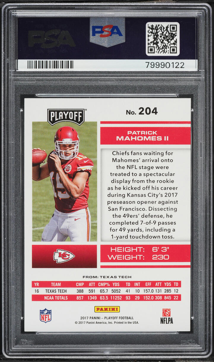 2017 Panini Playoff Patrick Mahomes II ROOKIE #204 PSA 10 GEM MINT