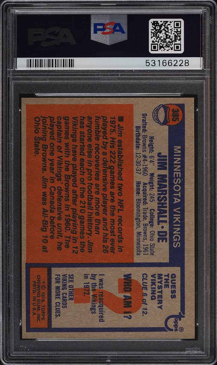 1976 Topps Football Jim Marshall #385 PSA 10 GEM MINT