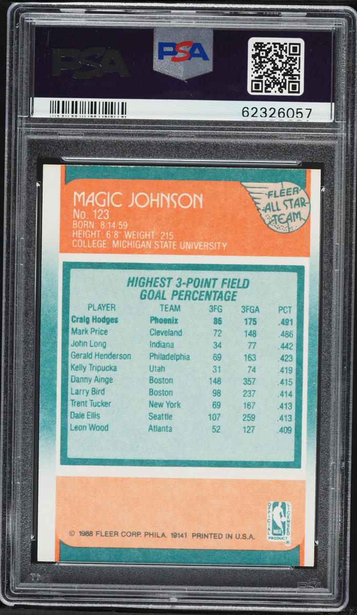 1988 Fleer Basketball Magic Johnson ALL STAR #123 PSA 7 NRMT