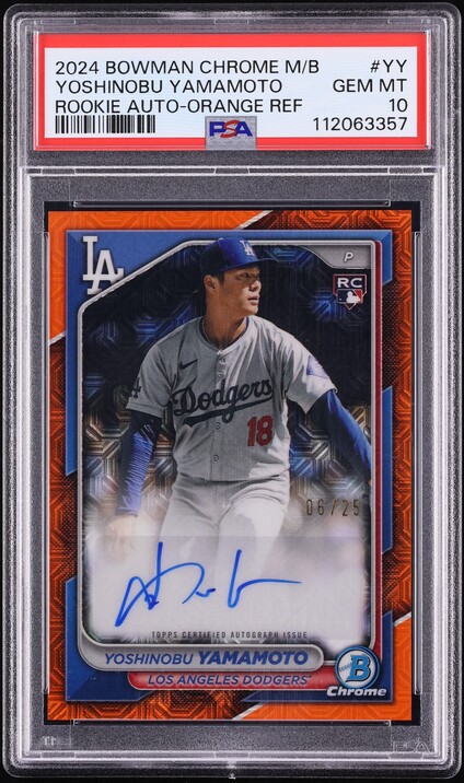 2024 Bowman Chrome Mega Box Orange Refractor Yoshinobu Yamamoto ROOKIE AUTO /25 PSA 10 GEM MINT