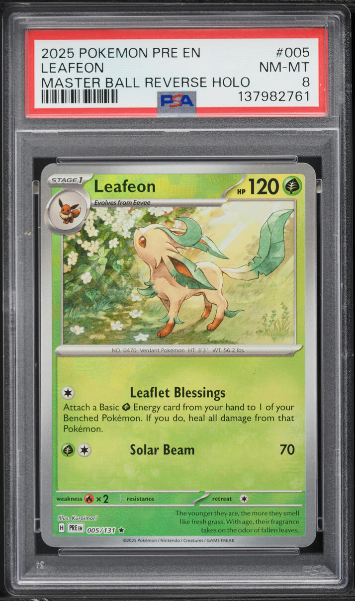 2025 Pokemon SV Prismatic Evolutions Master Ball Reverse Holo Leafeon #5 PSA 8 NM-MT