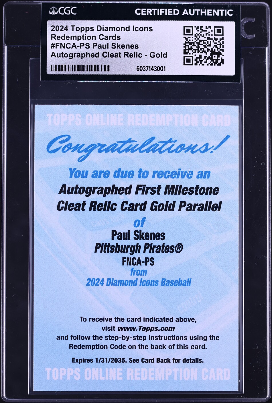2024 Topps Diamond Icons Gold Paul Skenes ROOKIE CLEAT AUTO 1/1 CGC AUTH