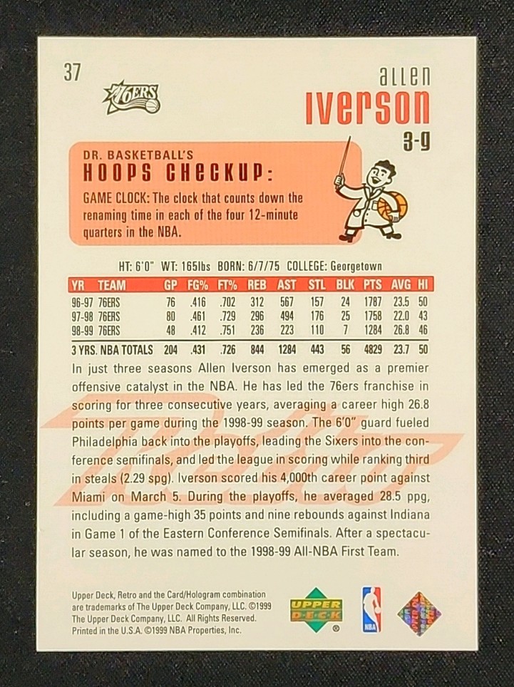 1999 Upper Deck Retro Gold Allen Iverson /250 #37 MBA AUTH