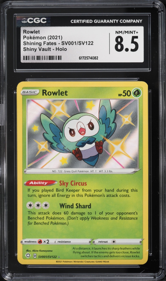 2021 Pokemon Sword & Shield Shining Fates Shiny Rowlet #SV001 CGC 8.5 NM-MT+