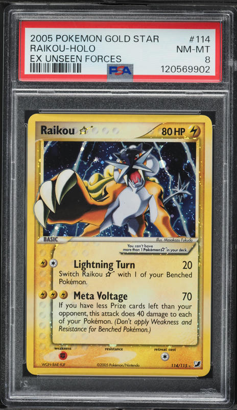 2005 Pokemon EX Unseen Forces Holo Raikou Gold Star #114 PSA 8 NM