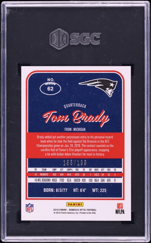 2016 Donruss Optic Orange Prizm Tom Brady /199 #62 SGC 9 MINT