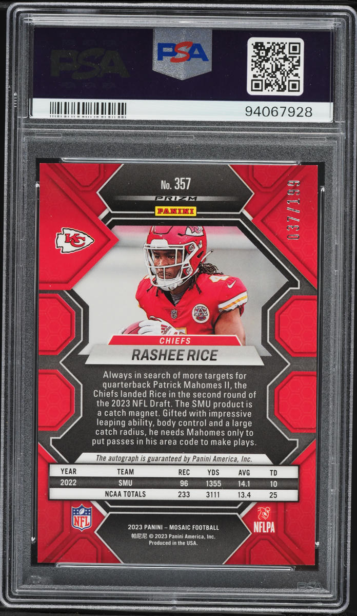 2023 Panini Mosaic Red Rashee Rice ROOKIE AUTO /199 #357 PSA 10 GEM MINT
