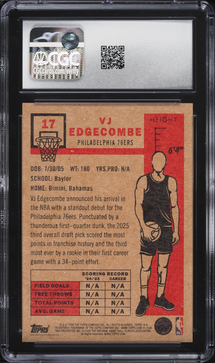 2025 Topps Living Set VJ Edgecombe ROOKIE #17 CGC 9.5 MINT+