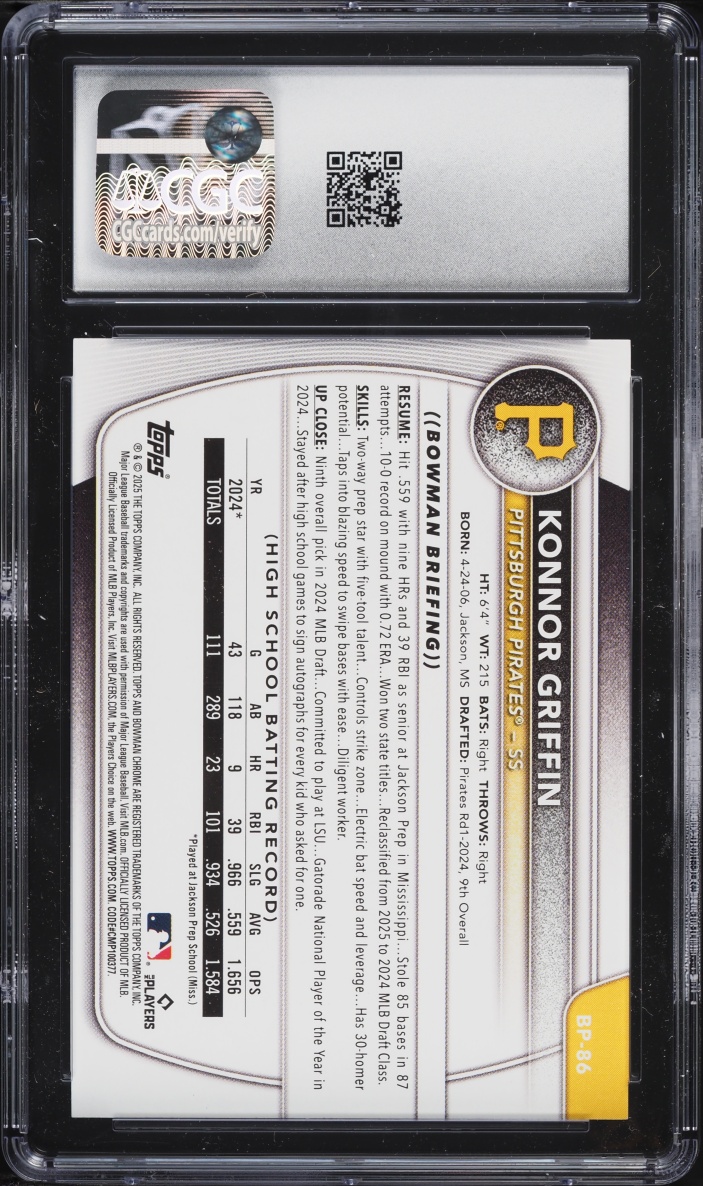 2025 Bowman Konnor Griffin PROSPECT #BP-86 CGC 10 GEM MINT