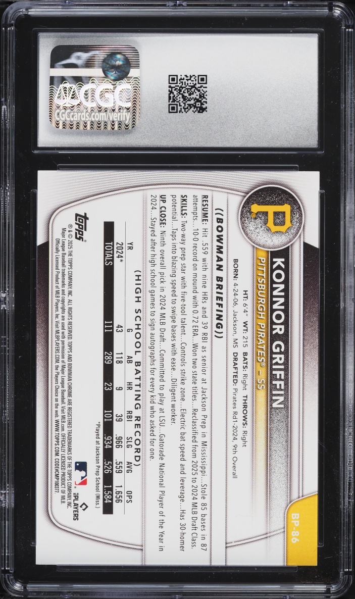 2025 Bowman Konnor Griffin PROSPECT #BP-86 CGC 10 GEM MINT