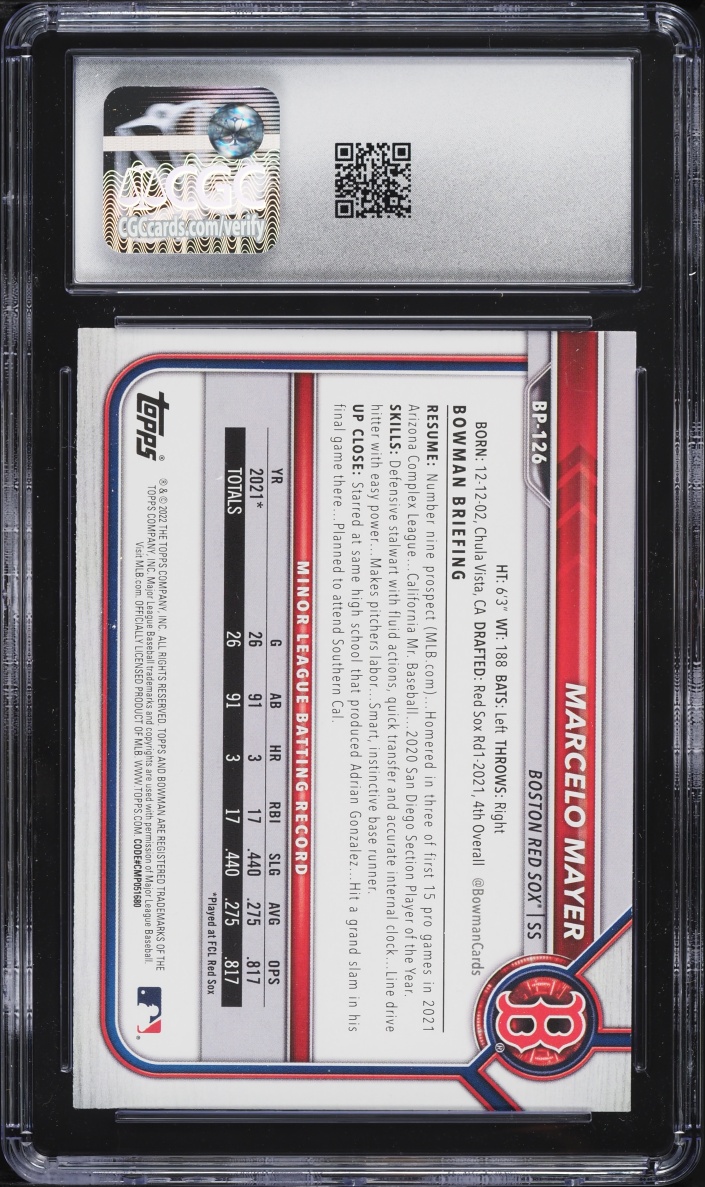 2022 Bowman Marcelo Mayer PROSPECT #BP-126 CGC 10 GEM MINT