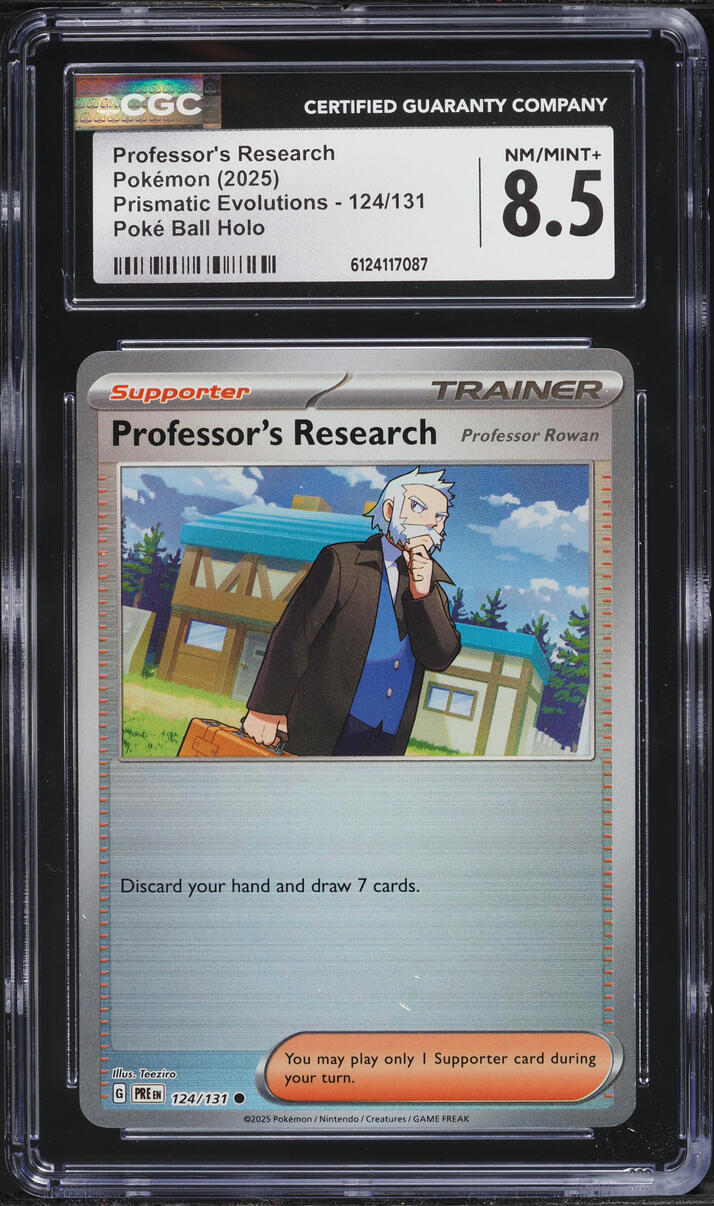 2025 Pokemon SV Prismatic Evolutions Poke Ball Holo Professor's Research #124 CGC 8.5 NM-MT+