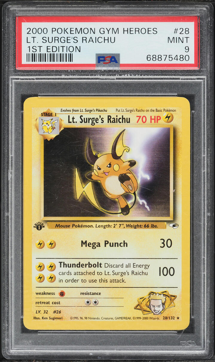 2000 Pokemon Gym Heroes 1st Edition Lt. Surge's Raichu #28 PSA 9 MINT