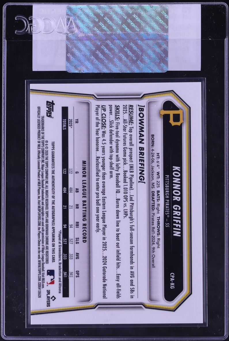 2026 Bowman Chrome Yellow Refractor Konnor Griffin PROSPECT AUTO /75 #CPA-KG CGC AUTH