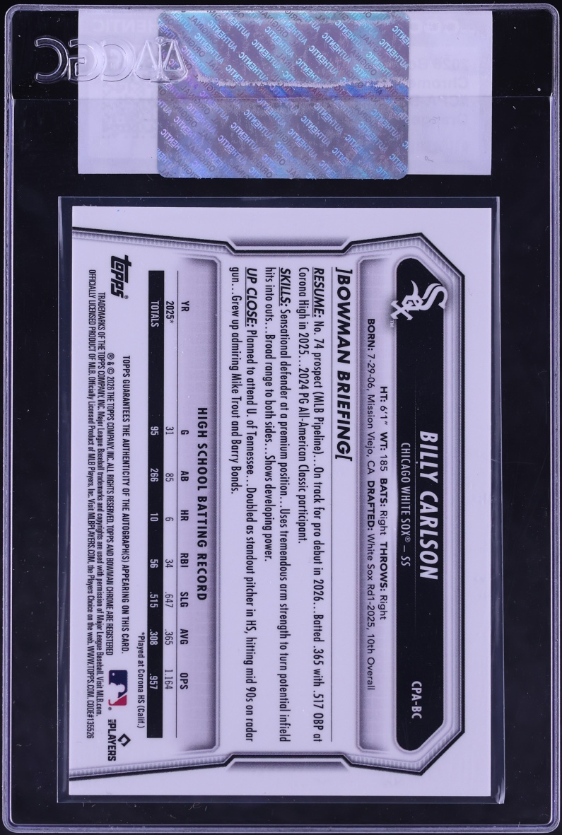 2026 Bowman Chrome Orange Wave Refractor Billy Carlson PROSPECT AUTO /25 #CPA-BC CGC AUTH
