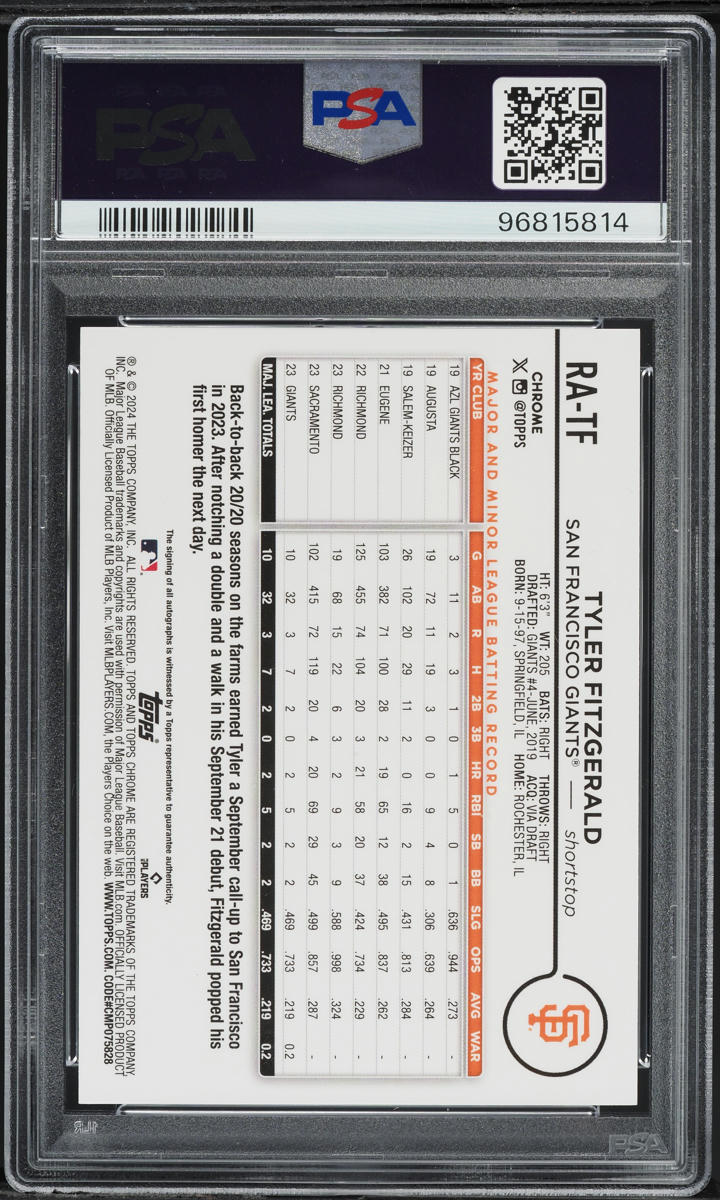 2024 Topps Chrome Aqua Wave Refractor Tyler Fitzgerald ROOKIE AUTO DNA 10 /199 #RA-TF PSA 10