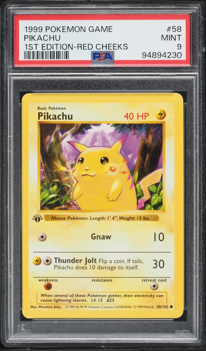1999 Pokemon Base Set Shadowless 1st Edition Red Cheeks Pikachu #58 PSA 9 MINT