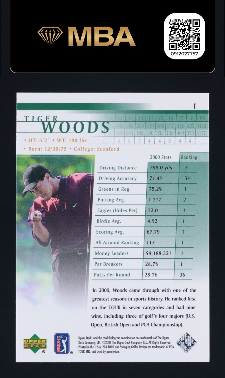 2001 Upper Deck Golf Tiger Woods ROOKIE #1 MBA AUTH