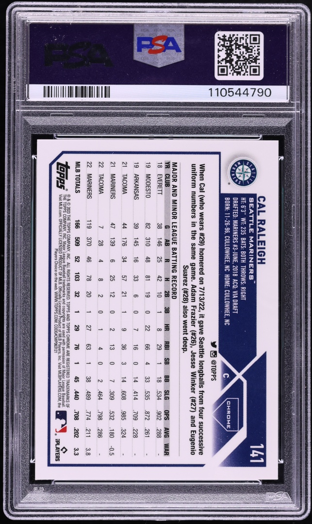 2023 Topps Chrome Gold Refractor Cal Raleigh /50 #141 PSA 10 GEM MINT - Photo 2
