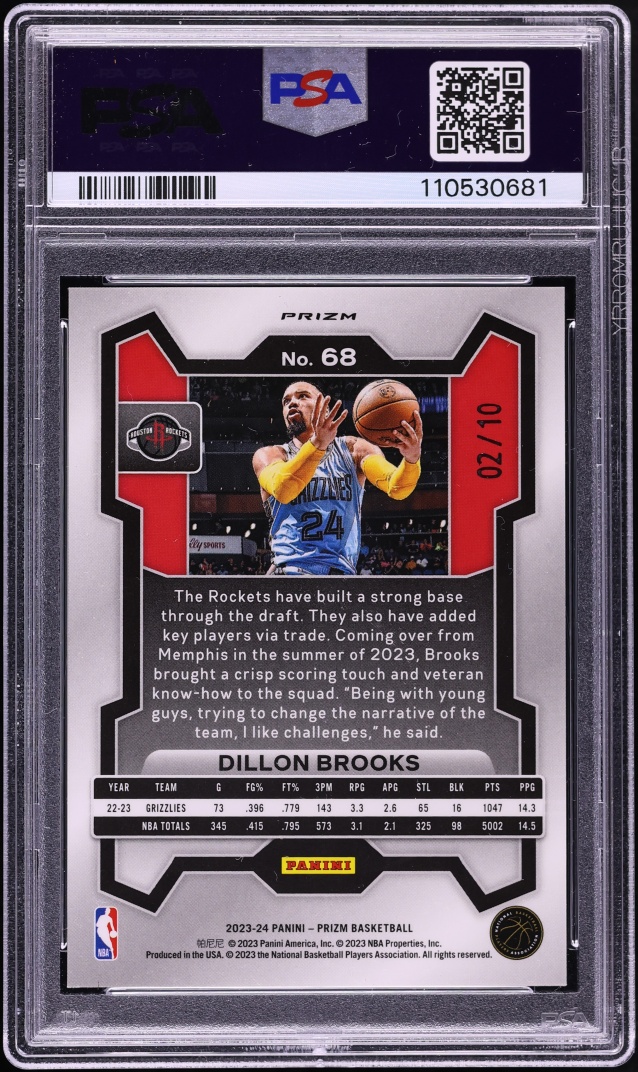 2023 Panini Prizm Gold Dillon Brooks /10 #68 PSA 10 GEM MINT - Photo 2