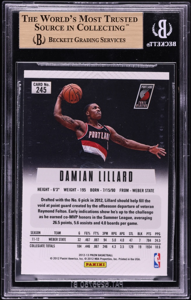 2012 Panini Prizm Silver Damian Lillard ROOKIE #245 BGS 9.5 GEM MINT - Photo 2