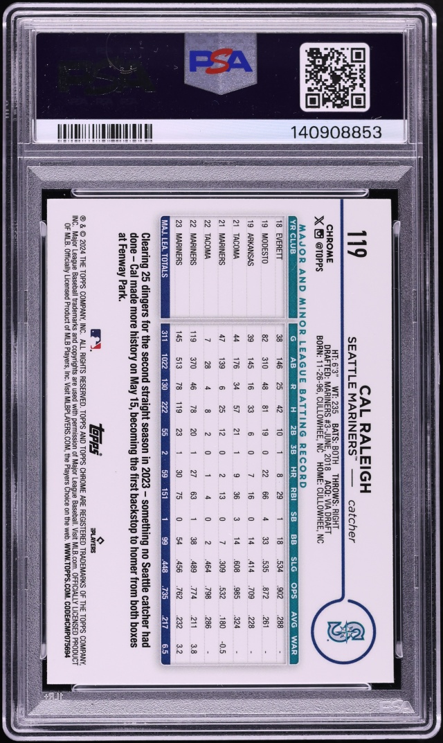 2024 Topps Chrome Gold Refractor Cal Raleigh /50 #119 PSA 9 MINT - Photo 2