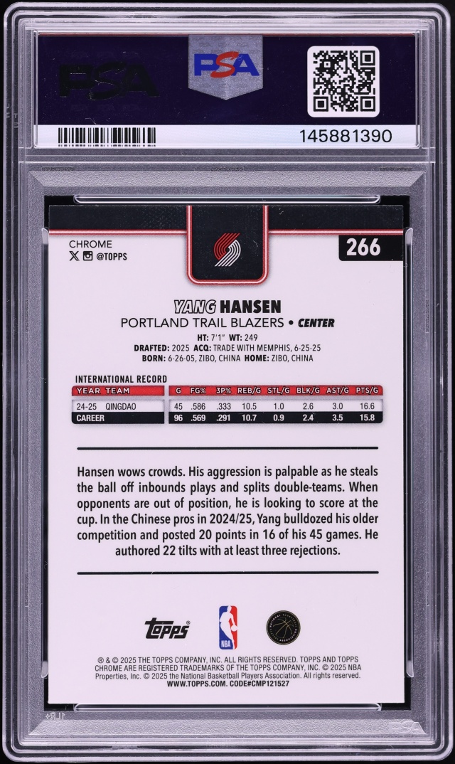 2025 Topps Chrome Yellow Basketball Refractor Yang Hansen ROOKIE /275 #266 PSA 10 GEM MINT - Photo 2