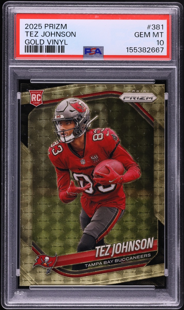 2025 Panini Prizm Gold Vinyl Tez Johnson ROOKIE /5 #381 PSA 10 GEM MINT