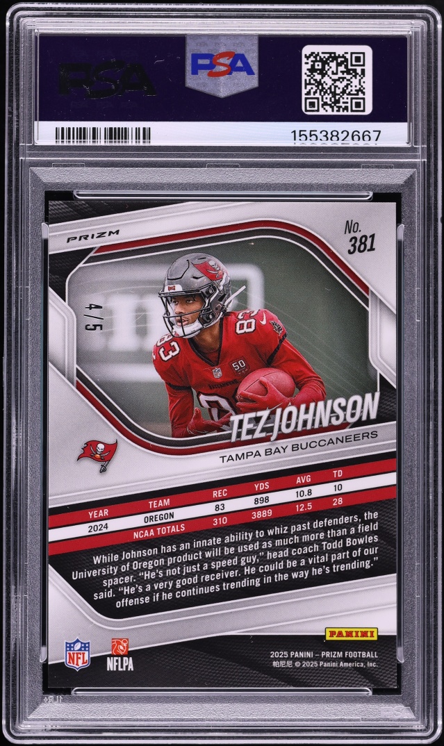 2025 Panini Prizm Gold Vinyl Tez Johnson ROOKIE /5 #381 PSA 10 GEM MINT - Photo 2