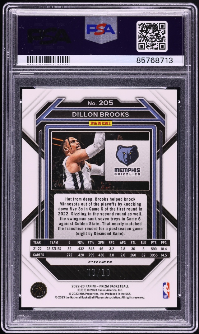 2022 Panini Prizm Gold Dillon Brooks /10 #205 PSA 10 GEM MINT - Photo 2