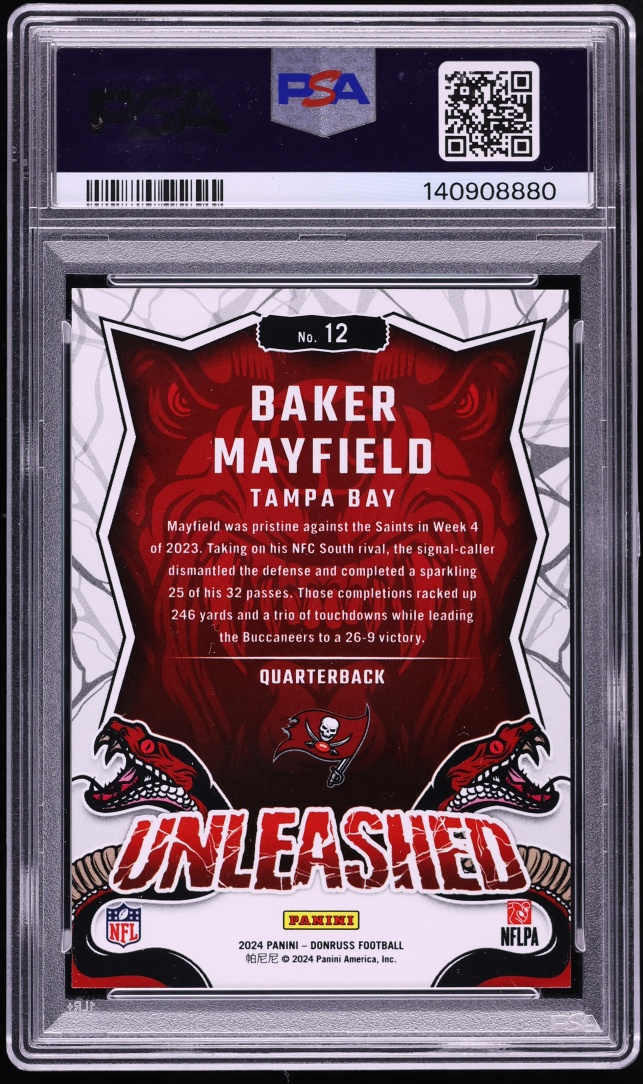2024 Donruss Unleashed Gold Baker Mayfield #12 PSA 8.5 NM-MT+ - Photo 2