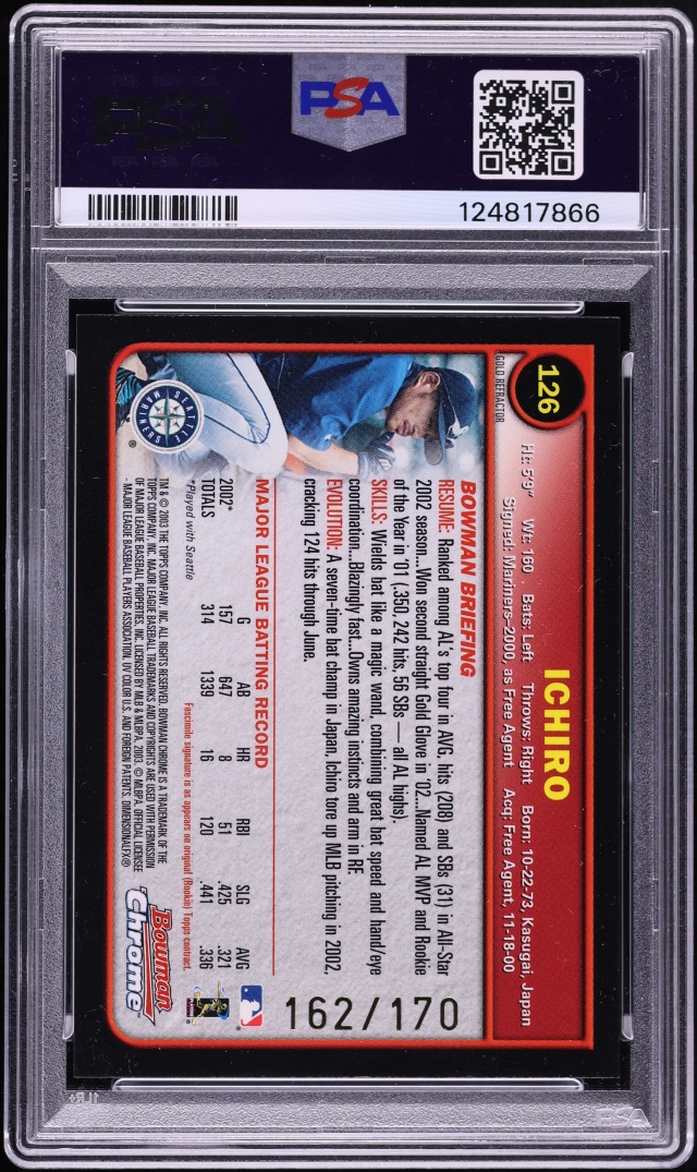 2003 Bowman Chrome Gold Refractor Ichiro /170 #126 PSA 9 MINT - Photo 2